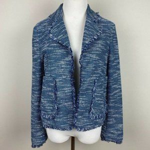 Topshop Blazer Jacket 6 Tweed Fringe‎ Blue White Open Pockets Career Womens New